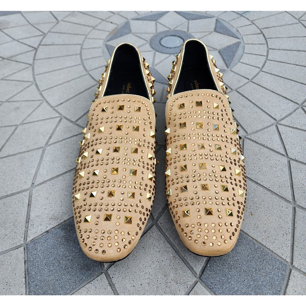Asher Green Tonal Crystal Studded Suede Smoking Loafer Dress Shoes 14 - Picture 2 of 12